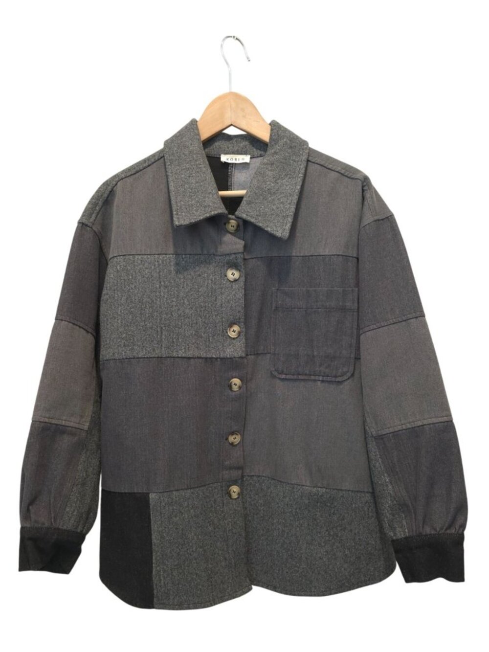 KORI Patchwork Button-Up Shirt Jacket Shacket w/ Front & Inseam Pockets Men's S